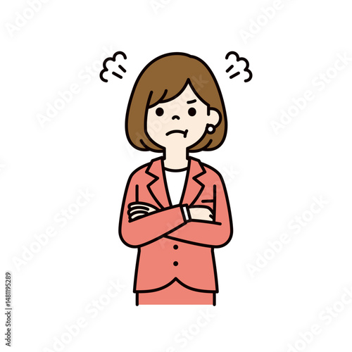 腕を組んで怒る、若い女性会社員のベクターイラスト素材＿線幅の編集可能＿カラー