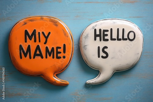 Two speech bubble signs on a blue wooden surface with text, one orange saying 'MIY MAME!' and one white saying 'HELLLO IS', creating a quirky and playful visual