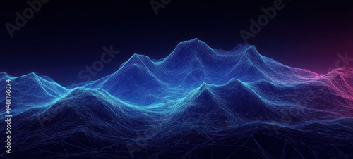 Abstract digital wireframe landscape of mountain peaks glowing in blue and pink hues on dark background creating a futuristic mood