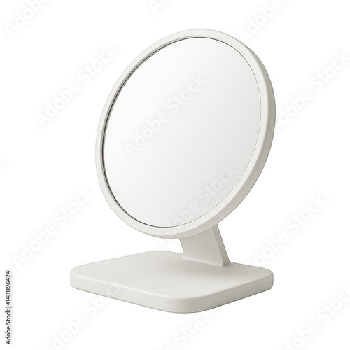 Sleek round vanity mirror with white base on transparent background