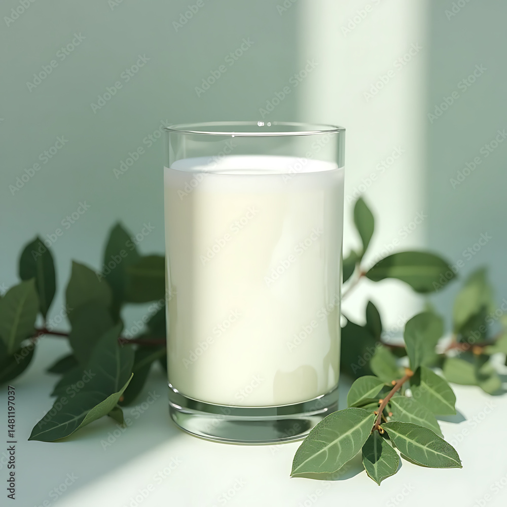Fresh milk glass surrounded by green leaves natural light product photography minimalist Fresh milk glass surrounded by green leaves natural light product photography minimalist