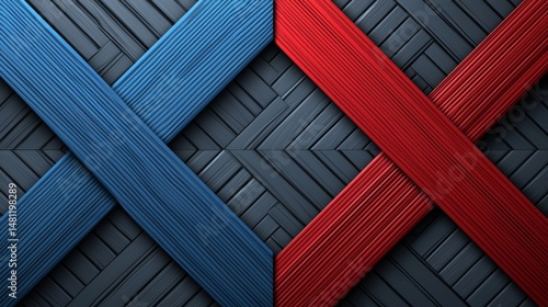 Symmetrical Abstract 3D Wallpaper Blue and Red Stripes on Dark Gray Textured Background