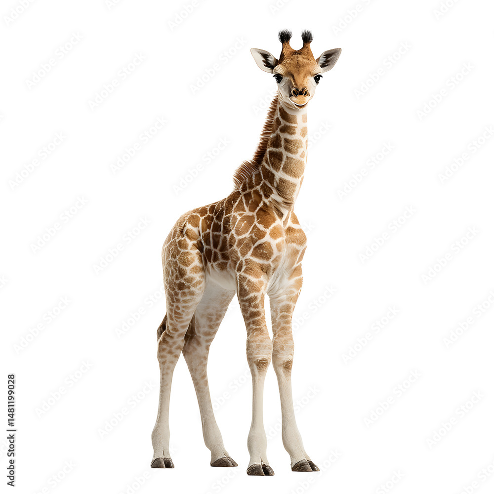 Obraz premium Baby giraffe standing tall, showcasing its distinctive spots and long neck against a black backdrop.