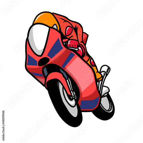 Motorcycle rider vector illustration. Moto grandprix racer using red bike, helmet and safety equipment. Motorbike racing motorsport championship concept