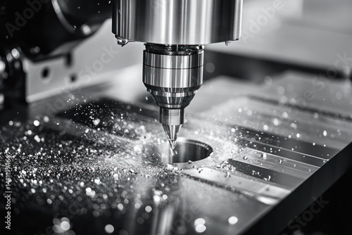 Close-up view of a metal milling machine cutting and shaping a piece of metal with metal shavings scattered around, highlighting precision industrial machining work