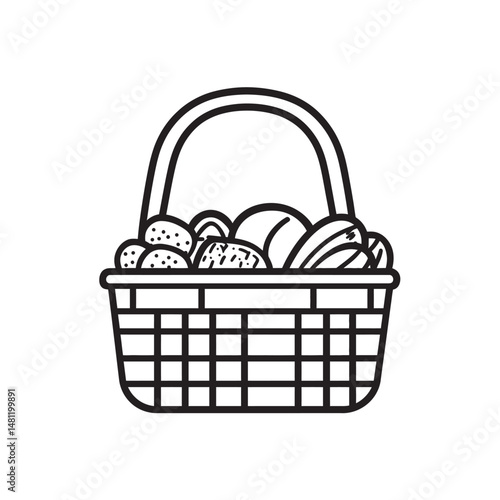 Black outline illustration shows a basket filled with various breads and baked goods