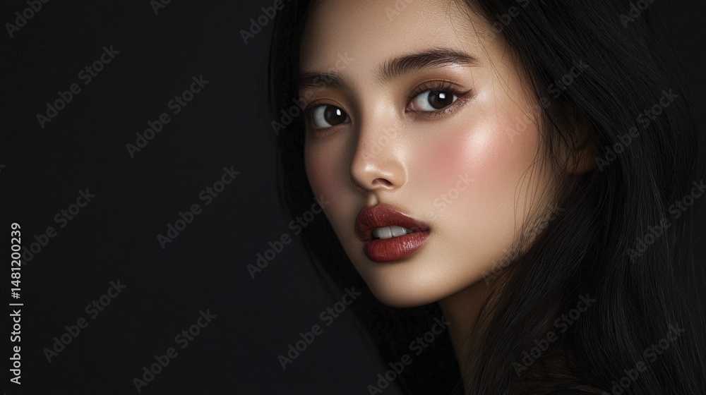 Fototapeta premium Close-up Portrait of a Beautiful Asian Woman with Flawless Makeup Looking at the Viewer