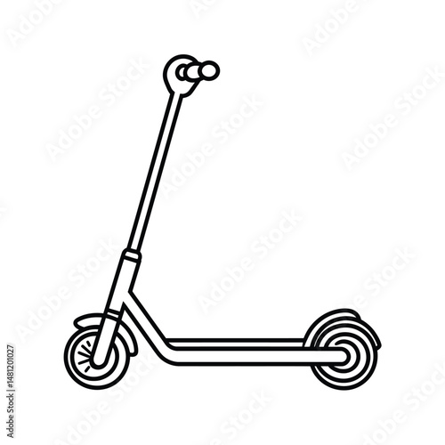 An isolated electric scooter features simplistic black lines and a minimalist design on white