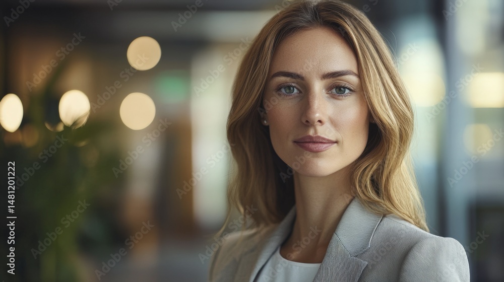 Obraz premium Professional Woman Posing with Serious Expression in Modern Office Setting