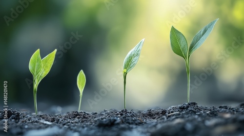 Three Plant Saplings Show Different Stages of Growth Emerging from Soil