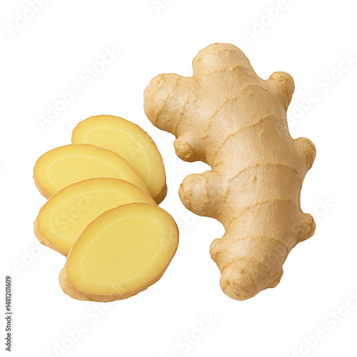 Close-up of sliced ginger and unpeeled ginger root on transparent background