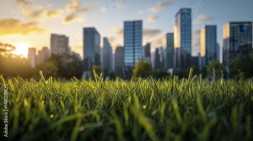 Lush Green Grass in a City Park Against a Skyline at Golden Hour