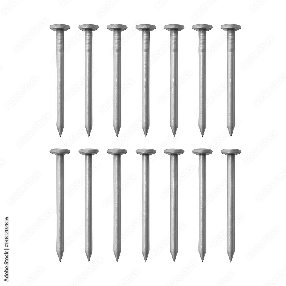 Sixteen metallic nails arranged in a grid on transparent background Sixteen metallic nails arranged in a grid on transparent background