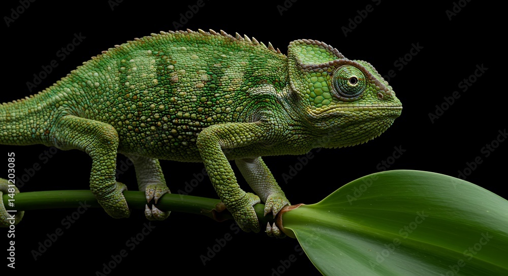 Obraz premium Green chameleon on branch displaying unique scale texture detail