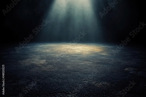 Dark textured ground illuminated by multiple overhead beams of light creating a mysterious and dramatic atmosphere