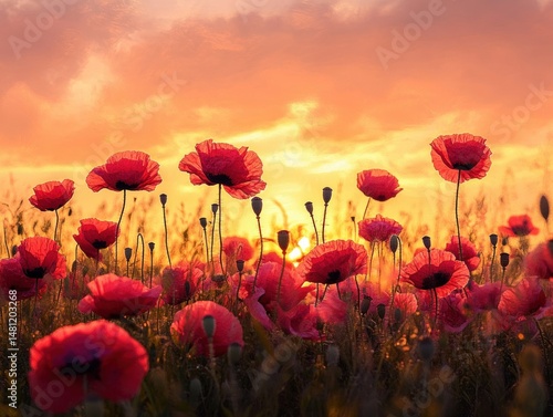 Field of red poppies blooming during vibrant orange and yellow sunset with glowing sky and soft clouds
