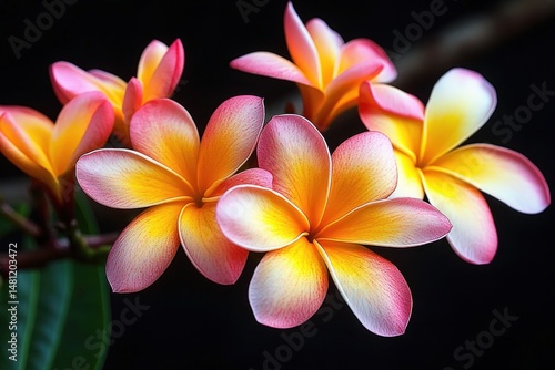 Close-up of vibrant tropical flowers with pink, yellow, and white petals against a dark background conveying natural beauty and calm