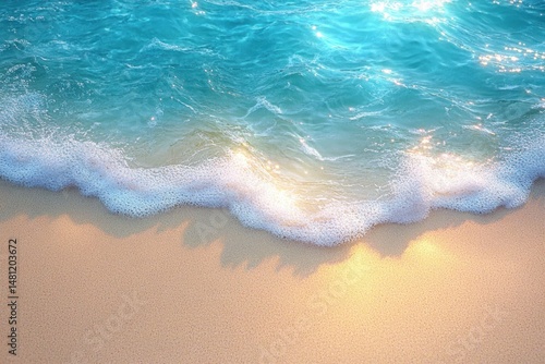 Gentle sea waves with white foam rolling onto smooth golden sandy beach with sunlight reflections on water