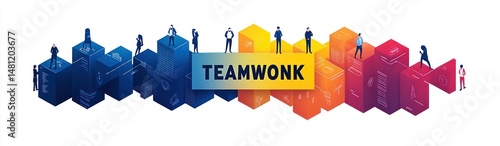 Illustration of business people standing on colorful 3D blocks with the word teamwork highlighted at the center, representing collaboration and corporate unity