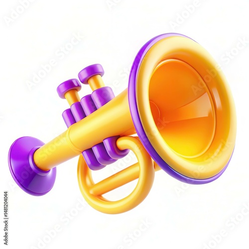 A vibrant and playful purple and yellow trumpet with a glossy finish, showcasing modern design elements.