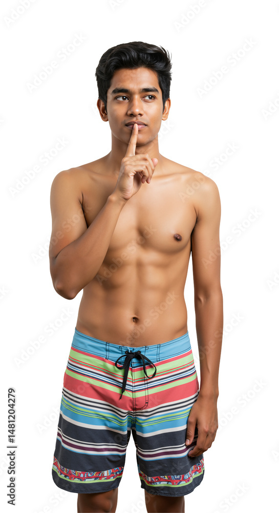 Fototapeta premium Young South Asian man in colorful striped swim trunks makes a shushing gesture with his finger to his lips, looking thoughtfully to the side against a transparent background.