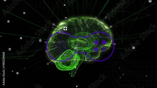 Wallpaper Mural Neon green wireframe brain interacting with purple game controller in tech showing annotation icons Torontodigital.ca