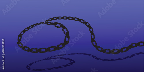 Long black metal chain looping and extending on blue background