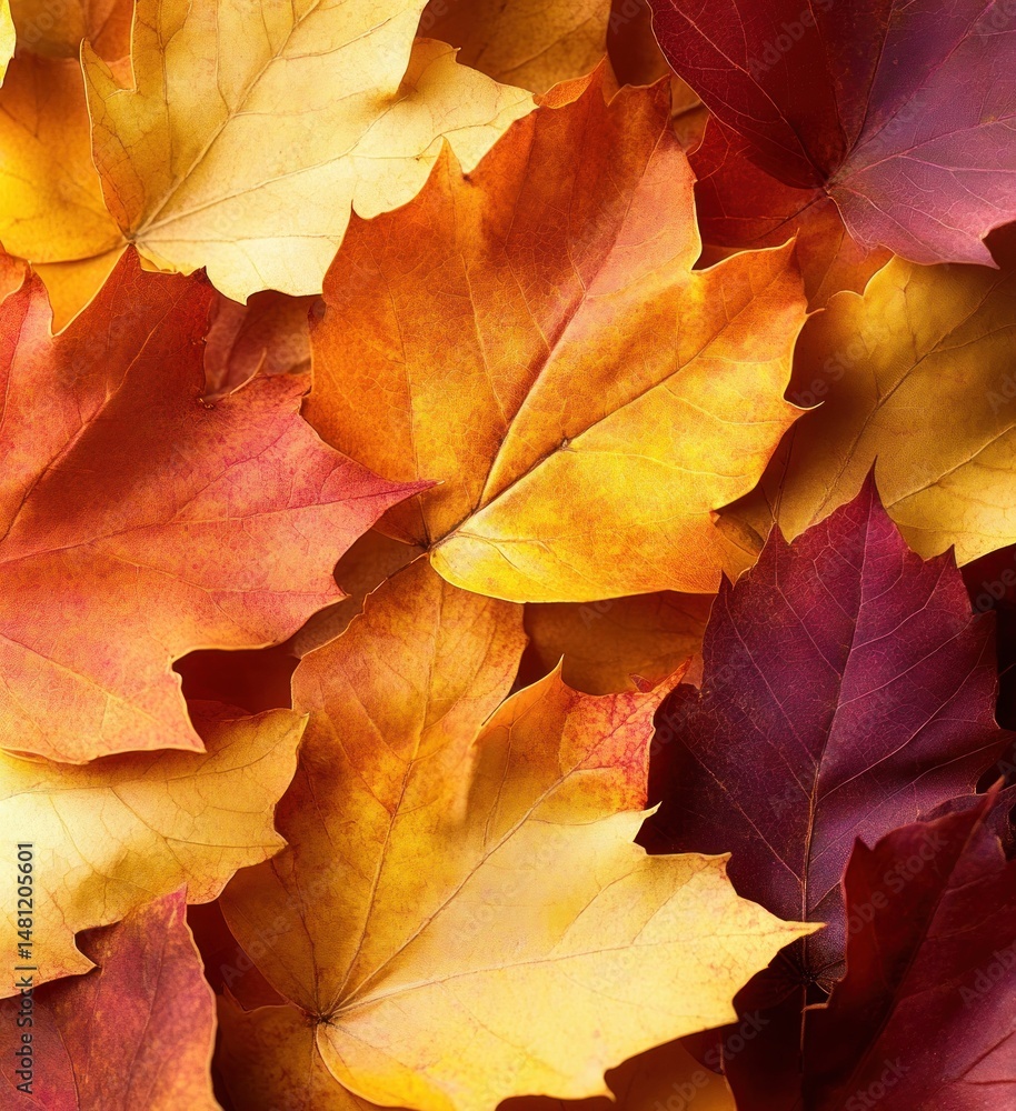 Close-up of overlapping autumn maple leaves in warm hues of yellow, orange, red, and burgundy creating a vibrant fall season atmosphere Close-up of overlapping autumn maple leaves in warm hues of yellow, orange, red, and burgundy creating a vibrant fall season atmosphere