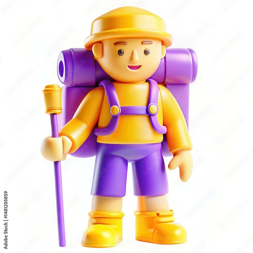 Fototapeta premium A bright cartoon hiker character with a yellow hat and purple backpack stands with a hiking stick against a white background.