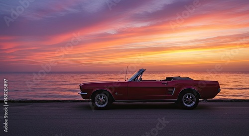 Classic convertible car at sunset over water