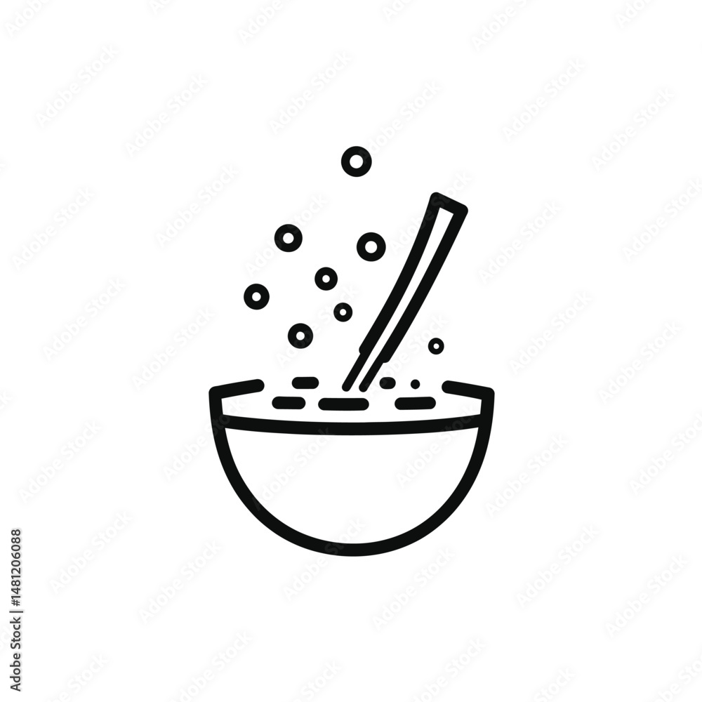 Black and white line art shows soup bowl with bubbles and chopsticks Black and white line art shows soup bowl with bubbles and chopsticks