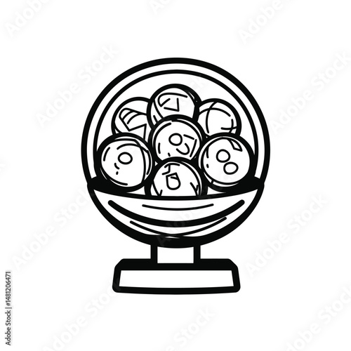 Black and white outline drawing depicts lottery balls inside the raffle drum, transparent background