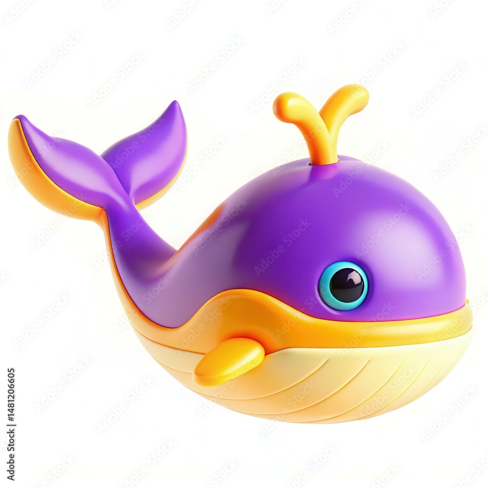 A colorful toy whale with a cute face, featuring vibrant purple and orange colors. A colorful toy whale with a cute face, featuring vibrant purple and orange colors.
