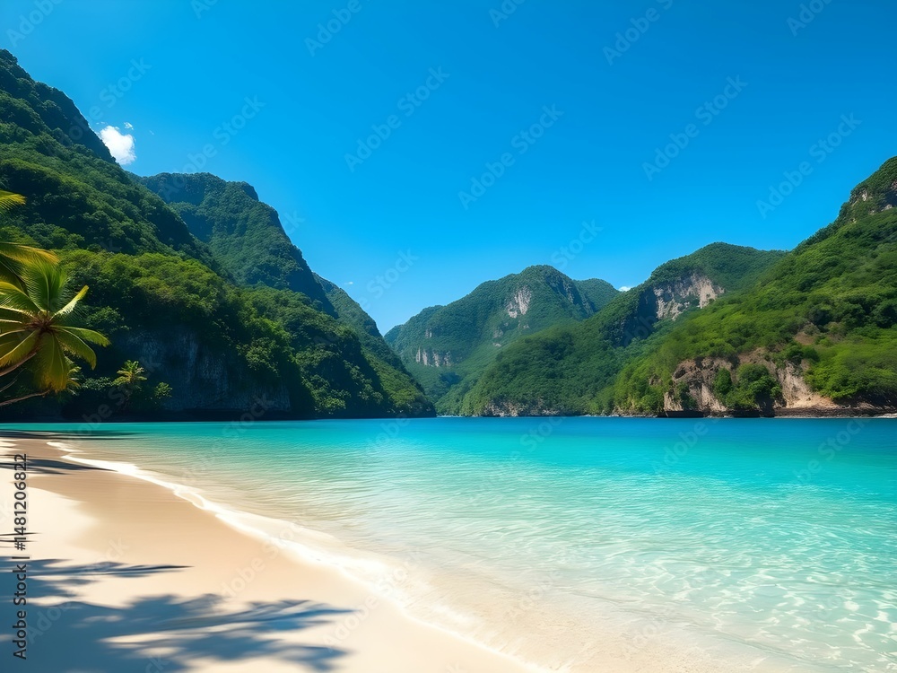peaceful beach with turquoise water, surrounded by lush green mountains under a clear blue sky, in a tropical paradise, ultra-realistic style peaceful beach with turquoise water, surrounded by lush green mountains under a clear blue sky, in a tropical paradise, ultra-realistic style