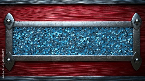 Abstract 3D Rendered Symmetrical Wallpaper Blue Textured Centerpiece in Metallic Frame on Red
