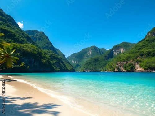 peaceful beach with turquoise water, surrounded by lush green mountains under a clear blue sky, in a tropical paradise, ultra-realistic style