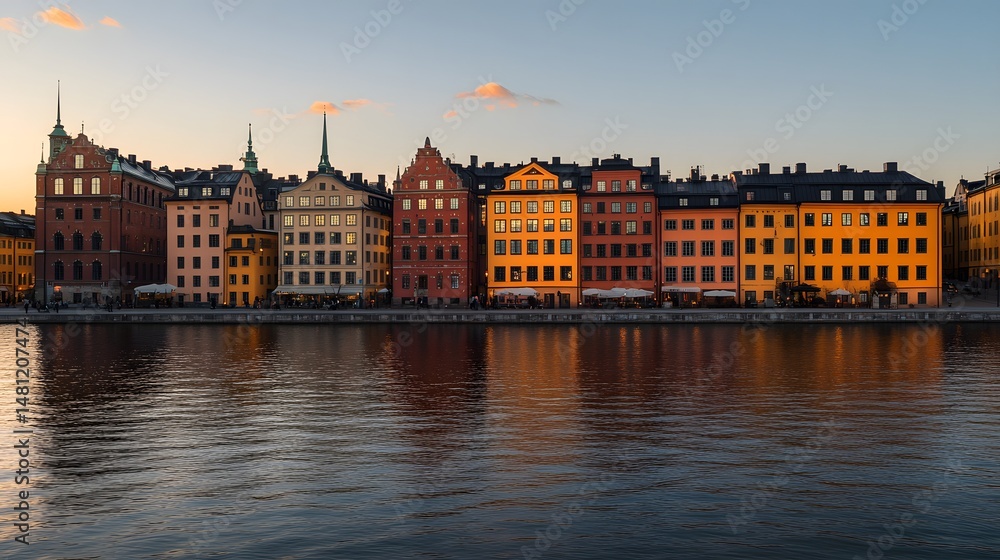 Obraz premium Colorful European city buildings reflected in a tranquil river at sunset.