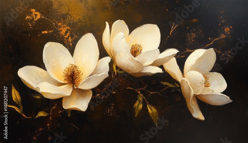 Creamy magnolia blossoms on a dark background.  Rich, detailed painting of three magnolia flowers with delicate petals and stamens.  Dark, textured backdrop with gold highlights