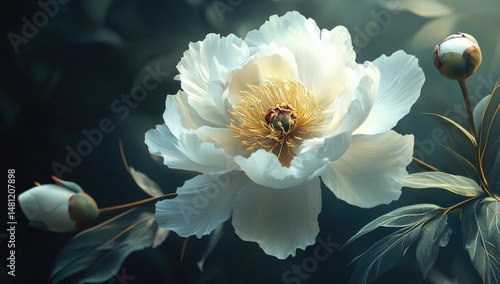 Delicate White Peony in Garden Setting