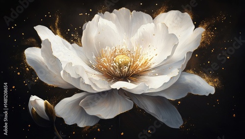 A radiant white flower bursts with golden dust