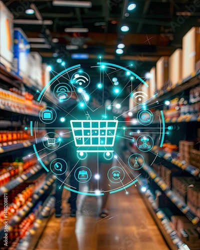 An empty shopping cart in a supermarket aisle could symbolize the digital network of consumer hardware and electronic circuits in the retail industry