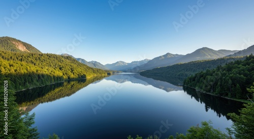 Lake reflection representing serenity and peacefulness, with mountains and forest