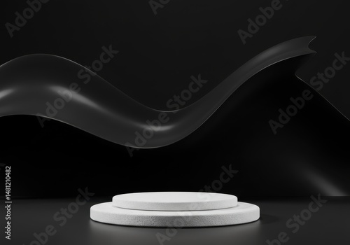 Abstract Black and White Product Display Platform; Minimalist 3D Render of Elegant Black Wave and White Cylinder Podium