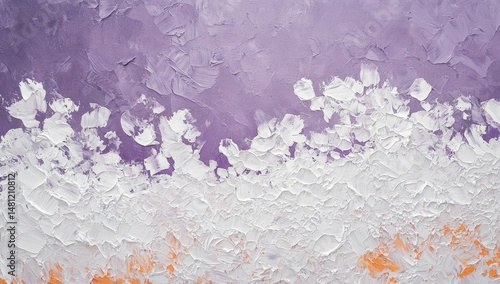 Abstract textured art piece with a gradient of purple, white, and orange.  Textured brushstrokes in white and light orange on a purple background