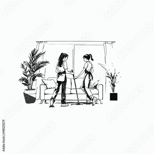 Domestic Cleaning Service Illustration, Two Individuals Holding Cleaning Tools, Tidy Living Room Concept, Minimalist Black and White Vector Art