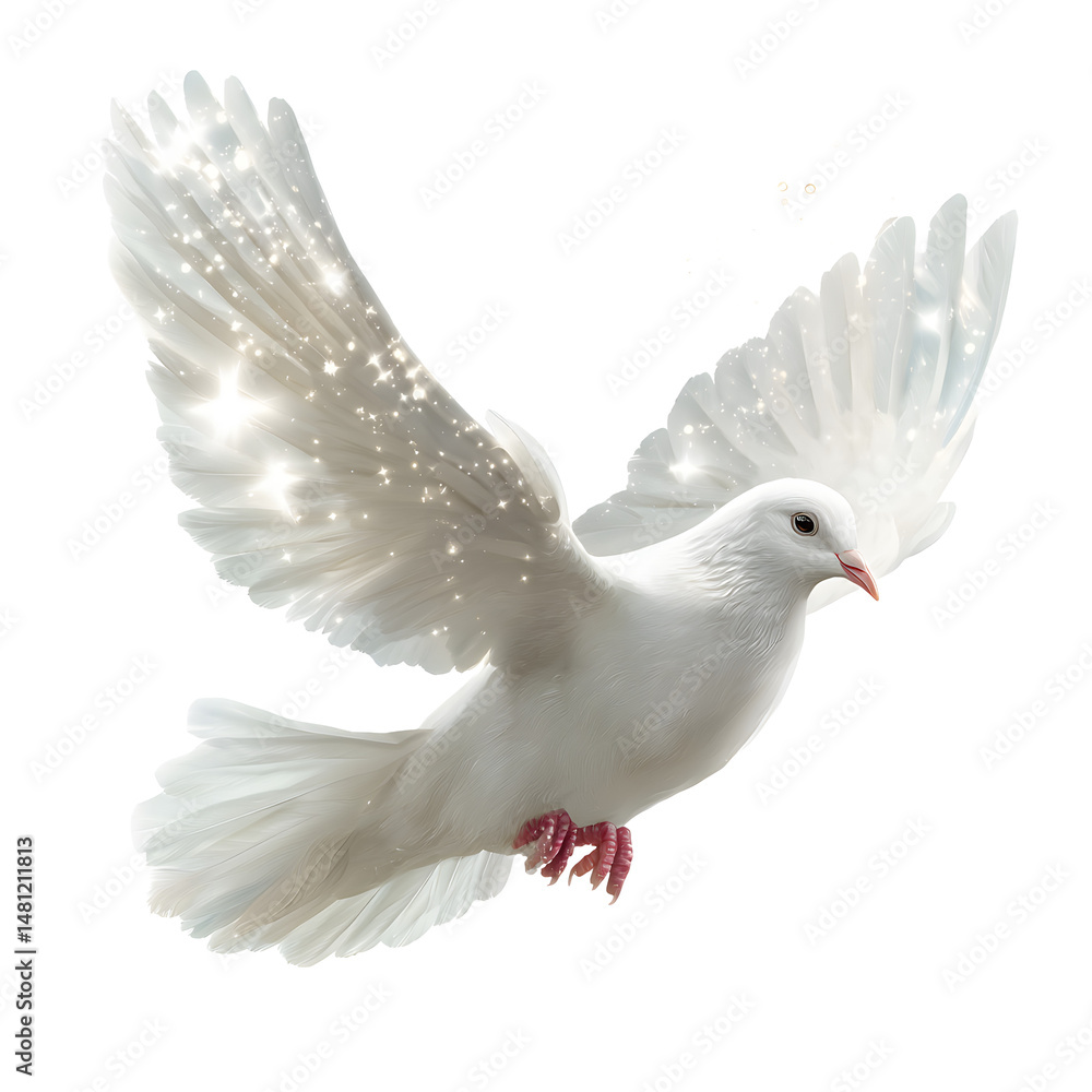 Fototapeta premium Elegant white dove in graceful flight with shimmering, sparkling wings, symbolizing peace and purity in motion.