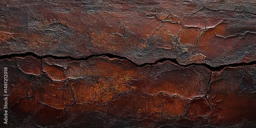 Fototapeta premium close-up of heavily rusted and cracked metal surface with dark orange and brown tones showing extensive corrosion and decay textures
