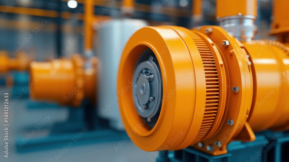 Close-up of a bright orange industrial pump or motor in a modern factory setting, highlighting machinery details and engineering precision. Close-up of a bright orange industrial pump or motor in a modern factory setting, highlighting machinery details and engineering precision.