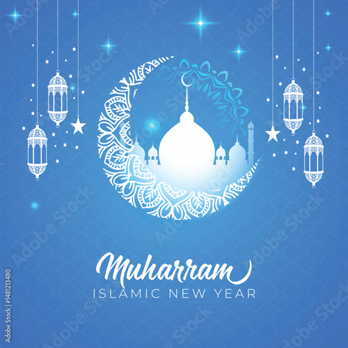 Happy muharram greeting with islamic lanterns 