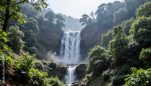 Stunning waterfall cascades down rocky cliff, surrounded by lush green trees and mist. tranquil scene evokes sense of peace and natural beauty, inviting viewers to appreciate serene landscape